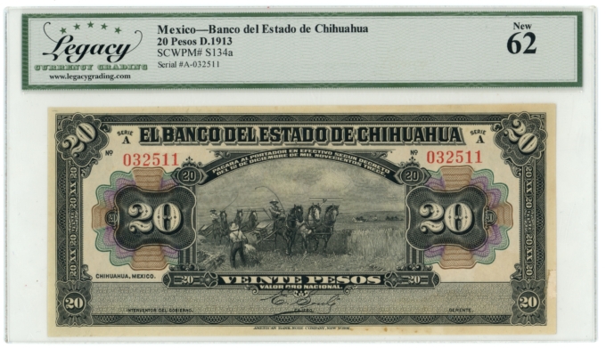 1913 Banco del Estado de Chihuahua Mexico 20 Pesos Legacy UNC 62 S-134a (64381)