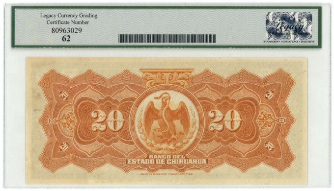 1913 Banco del Estado de Chihuahua Mexico 20 Pesos Legacy UNC 62 S-134a (64381)