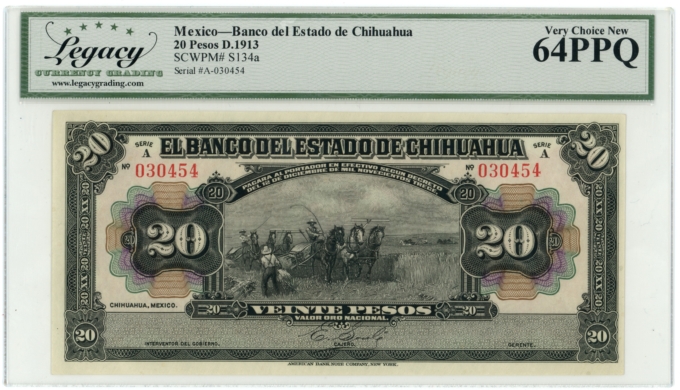 1913 Banco del Estado de Chihuahua Mexico 20 Pesos Legacy 64PPQ S-134a (64382)
