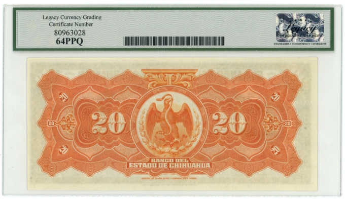1913 Banco del Estado de Chihuahua Mexico 20 Pesos Legacy 64PPQ S-134a (64382)