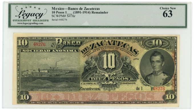 1XXX (1891-1914) Banco de Zacatecas Mexico 10 Pesos Legacy UNC 63 S-476r (64385)