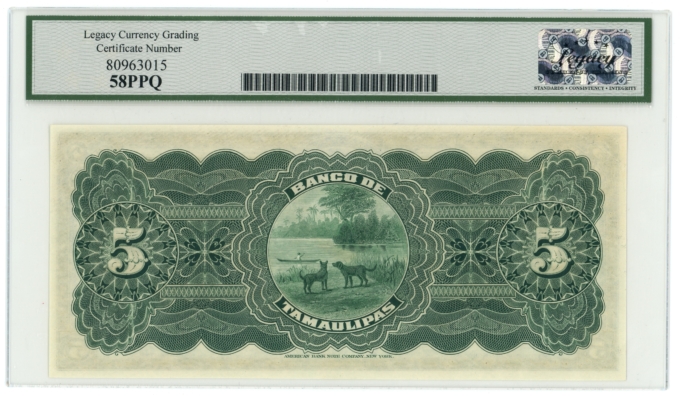 ND (1914) Banco de Tamaulipas Tampico Mexico 5 Pesos Legacy 58PPQ S-429r (64387)