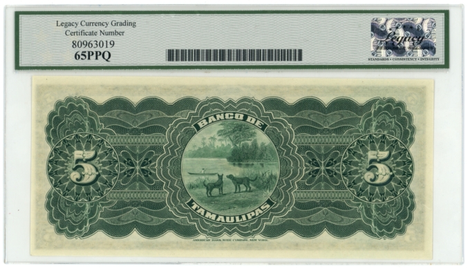 ND (1914) Banco de Tamaulipas Tampico Mexico 5 Pesos Legacy 65PPQ S-429r (64389)