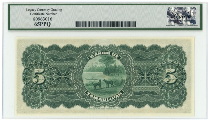 ND (1914) Banco de Tamaulipas Tampico Mexico 5 Pesos Legacy 65PPQ S-429r (64390)