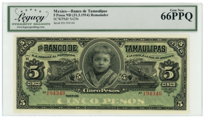 ND (1914) Banco de Tamaulipas Tampico Mexico 5 Pesos Legacy 66PPQ S-429r (64391)