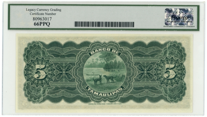 ND (1914) Banco de Tamaulipas Tampico Mexico 5 Pesos Legacy 66PPQ S-429r (64391)