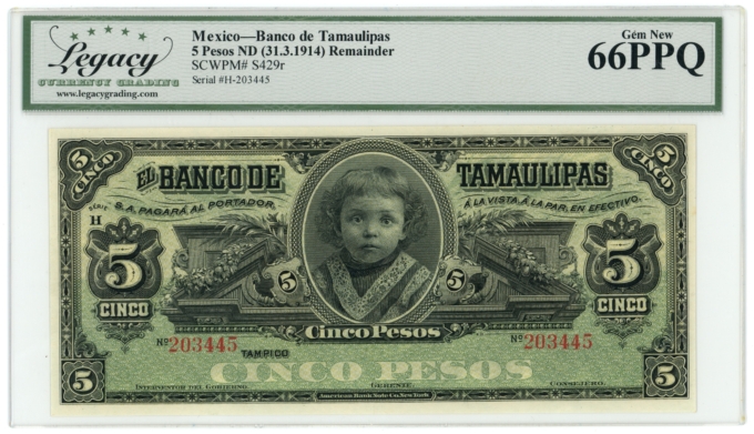 ND (1914) Banco de Tamaulipas Tampico Mexico 5 Pesos Legacy 66PPQ S-429r (64392)