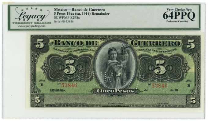 19XX Banco de Guerrero Iguala Mexico 5 Pesos Legacy 64PPQ S-298c (64393)
