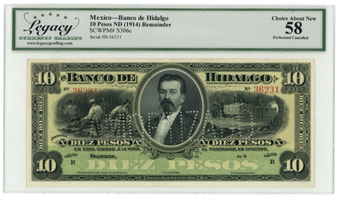 ND (1914) Banco de Hidalgo Pachuca Mexico 10 Pesos Legacy AU 58 S-306c (64395)