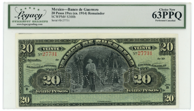 19XX Banco de Guerrero Iguala Mexico 20 Pesos Legacy UNC 63PPQ S-300b (64397)