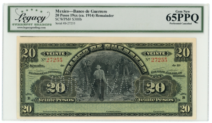 19XX Banco de Guerrero Iguala Mexico 20 Pesos Legacy UNC 65PPQ S-300b (64398)