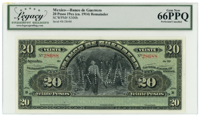 19XX Banco de Guerrero Iguala Mexico 20 Pesos Legacy UNC 66PPQ S-300b (64399)
