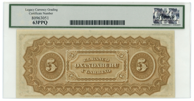 1869 Banco Oxandaburu y Garbino Argentina 5 Pesos Bolivianos Legacy UNC 63PPQ