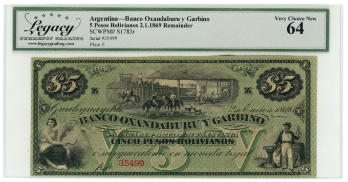 1869 Banco Oxandaburu y Garbino Argentina 5 Pesos Bolivianos Legacy UNC 64