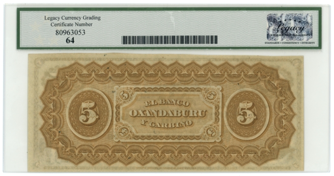 1869 Banco Oxandaburu y Garbino Argentina 5 Pesos Bolivianos Legacy UNC 64