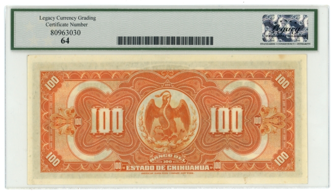 1913 Banco del Estado de Chihuahua Mexico 100 Pesos Legacy UNC 64 S-136a (64402)