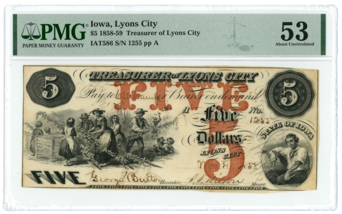 1858 Treasurer of Lyons City Iowa IA $5 Obsolete Note PCGS AU 53 (64406)