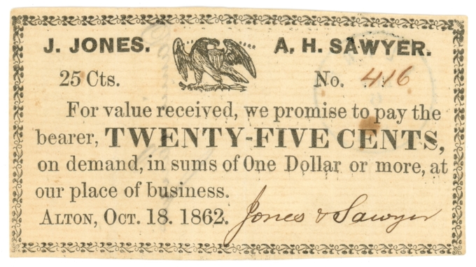 1862 Jones & Sawyer Alton New Hampshire NH 25c Obsolete Scrip (64410)