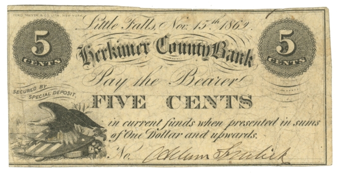 1862 Herkimer County Bank - Adam Fralick Little Falls New York 5c Note (64409)