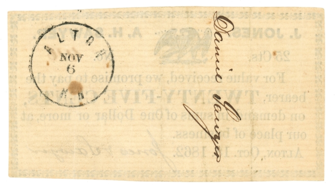 1862 Jones & Sawyer Alton New Hampshire NH 25c Obsolete Scrip (64410)