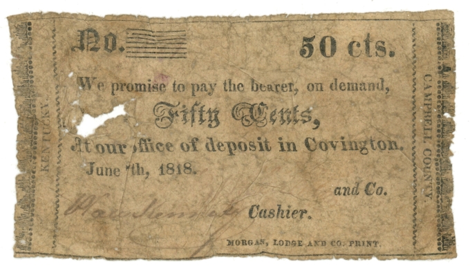 1818 Covington Campbell County Kentucky KY 50c Obsolete Note / Scrip (64412)