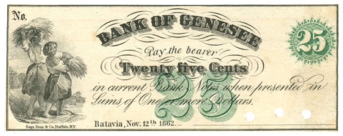 1862 Bank of Genesee Batavia New York NY 25c Obsolete Scrip (64411)
