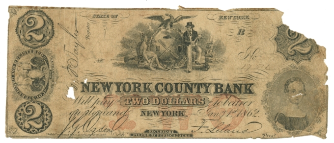 1862 New York County Bank New York NY $2 Obsolete Note - Spurious (64416)