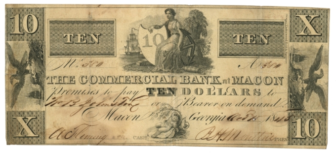 1843 Commercial Bank at Macon Georgia GA $10 Obsolete Note (64418)