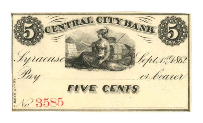 1862 Central City Bank Syracuse New York NY 5c Obsolete Note No.3585 (64437)