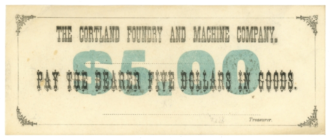 ND Cortland Foundry & Machine Co. Cortland New York NY $5 Obsolete Scrip (64442)