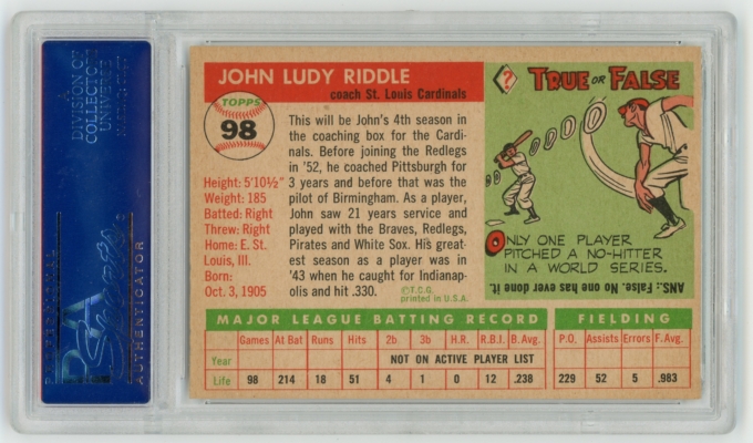 1955 Topps #98 Johnny Riddle St. Louis Cardinals PSA Mint 9 (OC) POP 12+3Q