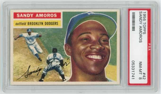 1956 Topps #42 Sandy Amoros Brooklyn Dodgers Card PSA NM-MT 8 WHITEBACK (64501)
