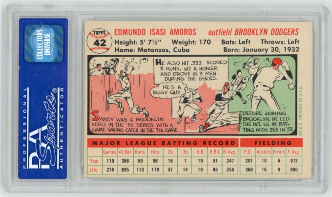 1956 Topps #42 Sandy Amoros Brooklyn Dodgers Card PSA NM-MT 8 WHITEBACK (64501)