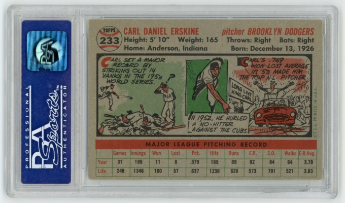 1956 Topps #233 Carl Erskine Brooklyn Dodgers Card PSA NM-MT 8 (64500)