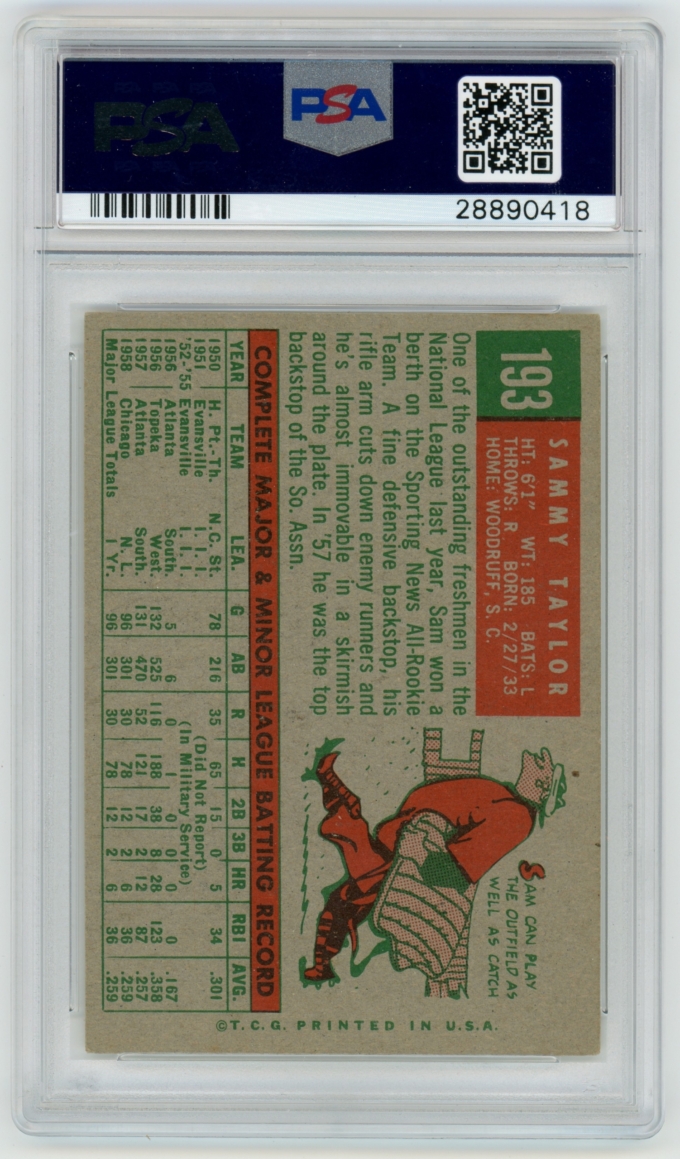1959 Topps #193 Sammy Taylor Chicago Cubs Card PSA EX 5 (64529)