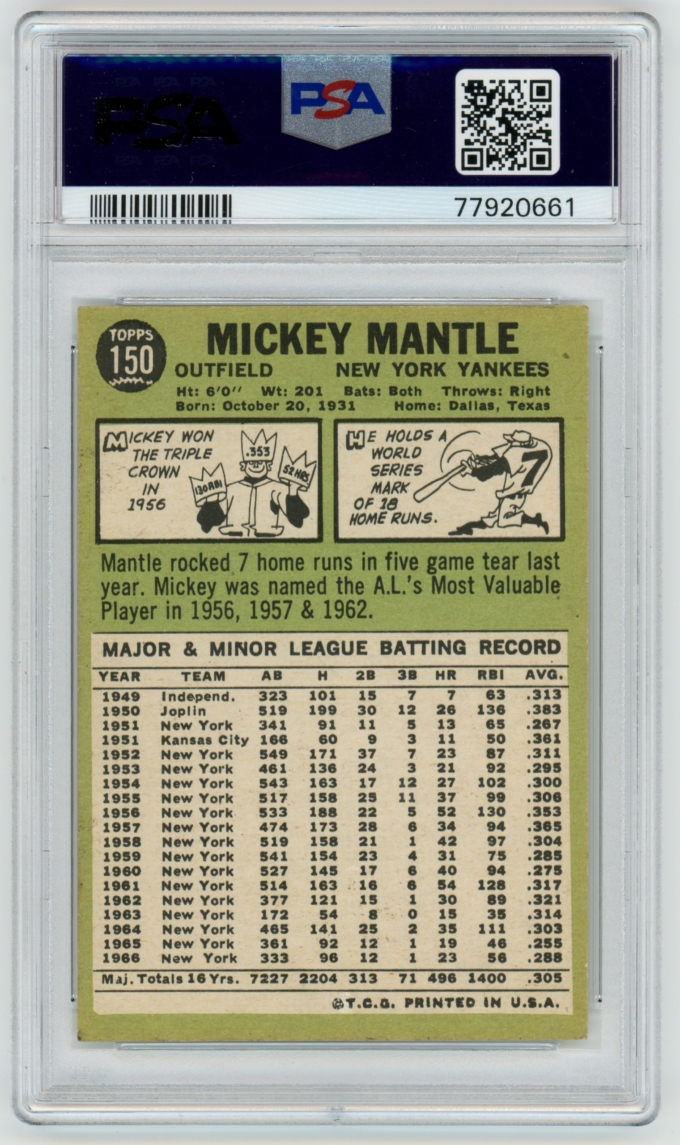 1967 Topps #150 Mickey Mantle New York Yankees Card HOF PSA 4 VG-EX (64531)