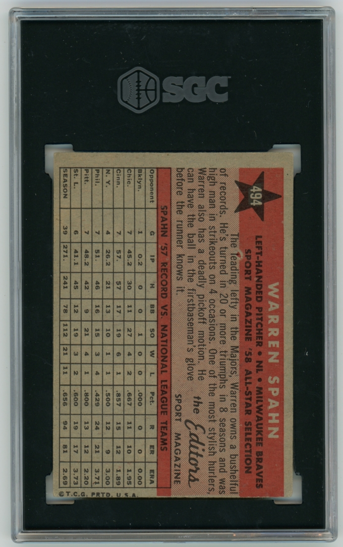 1958 Topps #494 Warren Spahn All-Star Milwaukee Braves HOF SGC EX 5 (64504)