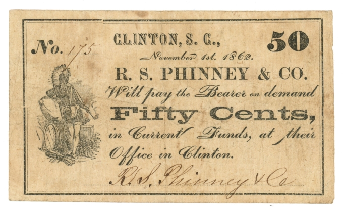 1862 RS Phinney & Co. Clinton South Carolina SC 50c Obsolete Scrip Sh862 R7