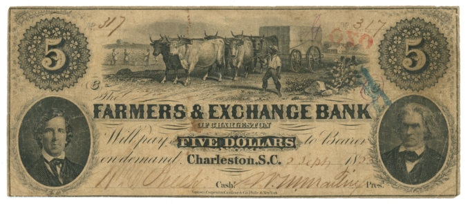 1853 Farmers & Exchange Bank of Charleston South Carolina SC $5 Obsolete (64550)
