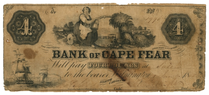 1852 Bank of Cape Fear Salem North Carolina $4 Obsolete Note Salem Branch 64552