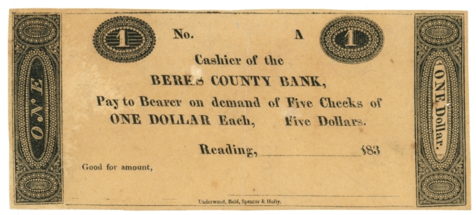 183X Berks County Bank Reading Pennsylvania PA $1 Obsolete Note (64554)