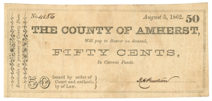 1862 County of Amherst Virginia VA 50c Obsolete Note No.4286 (64557)