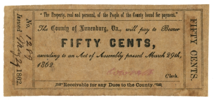 1862 County of Lunenburg Virginia VA 50c Obsolete Note No.1289 (64558)