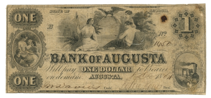 1854 Bank of Augusta Georgia GA $1 Obsolete Note No.1450 (64559)