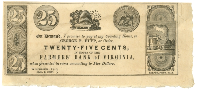 1839 George F Hupp at Farmers Bank of Virginia Winchester VA 25c Obsolete 64576