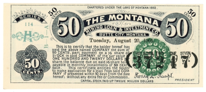 1901 Montana Mining Loan & Investment Co Butte MT 50c Note (64577)