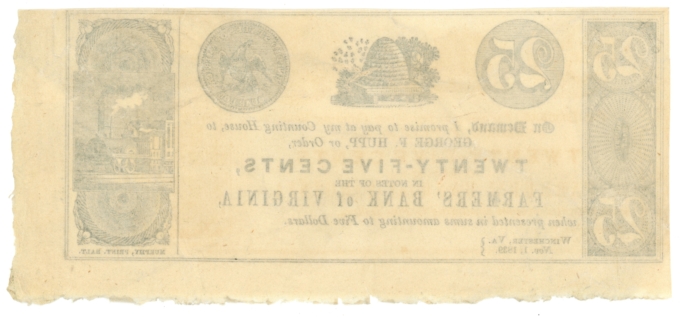 1839 George F Hupp at Farmers Bank of Virginia Winchester VA 25c Obsolete 64576