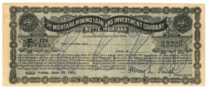 1902 Montana Mining Loan & Investment Co Butte MT $1 Note (64579)
