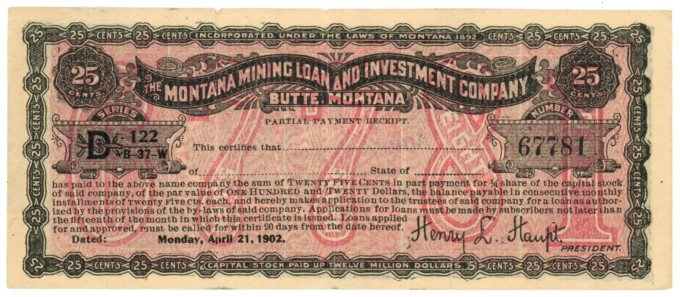 1902 Montana Mining Loan & Investment Co Butte MT 25c Note (64578)