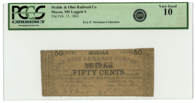 1862 Mobile & Ohio Railroad Company Macon Mississippi MS 50c Obsolete PCGS 10